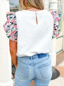 Acelitt Women's White Round Neck Fitted Ruffle Colorful Floral Cuff Short Sleeve T-Shirt, Elegant And Stylish For Summer Casual - White - View 2