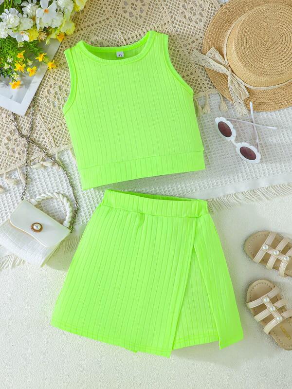 2pcs/Set Girls Minimalist Solid Color Ribbed Round Neck Sports Tank Top & Split Short Skort Set, Casual Outdoor Sports Outfit, Summer