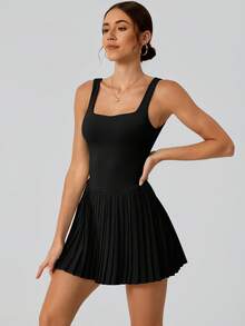 NcmRyu 1 Set Women's Fashion Seamless Elastic Waist Hollow Back Pleated Hem Sports Jumpsuit Dress - Black - View 10