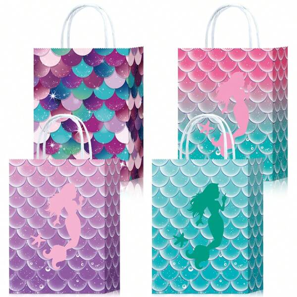 16 pezzi Borse regalo a tema sirenetta, 4 disegni di borse per dolci di compleanno a tema sirenetta, borse di carta durevoli con manici, design a motivi di sirenette, adatte per decorazioni di feste di compleanno subacquee a tema sirenetta, borse piccole per regali, shopping, festa di nascità