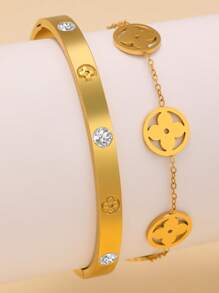 2 pièces Set de bracelets pour femme avec trèfle à quatre feuilles lisse et incrusté de cubic zirconia cubiques, convient pour de multiples occasions et cadeau pour les amis