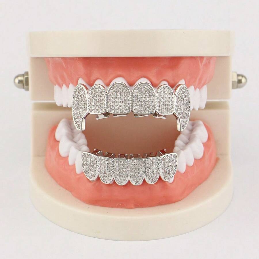 Micro Inlaid  Hip Hop Braces For Men And Women, Suitable For Dentures And Tiger Teeth Set - Silver - View 1