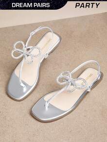 Women Bowknot Thong Sandals Rhinestone Flat Sandals Summer With Adjustable Buckle Vacation Sandals Shoes - 銀色 - 查看 3