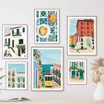 1 幅里斯本电车美食葡萄牙墙面艺术帆布画旅行城市海报墙面客厅厨房装饰礼物可选画框