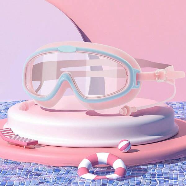 1pc Anti-Fog Swimming Goggles, Large Frame Fashionable Swimming Goggles With Ear Plugs