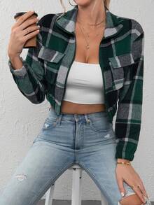 Chaqueta corta casual de mujer con bolsillo con solapa a cuadros, otoño