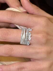 1 件多层时尚镀金戒指套装，带锆石水晶流苏，可调节开口戒指，适合婚礼、派对的珠宝 - 彩色 - 查看 6