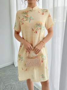 女式旗袍灵感中式立领纽扣杏色中国风印花短袖迷你连衣裙，宽松休闲改良旗袍，中式连衣裙，优雅适合节日、派对 - 杏色 - 查看 3