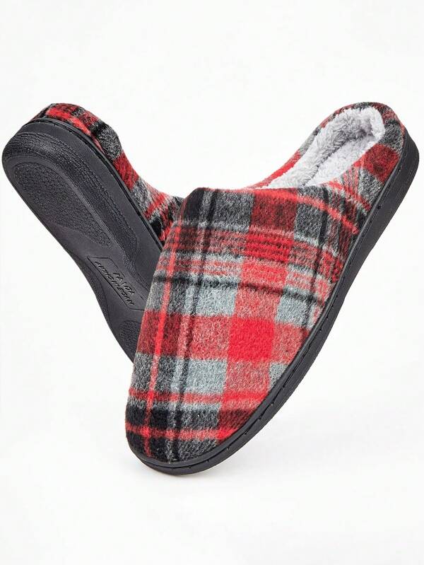 أحذية منزل شتوية للرجال دافئة من الفرو المريحة بنقشة المربعات، نعل من رغوة الذاكرة ناعم أحذية داخلية لغرفة النوم
