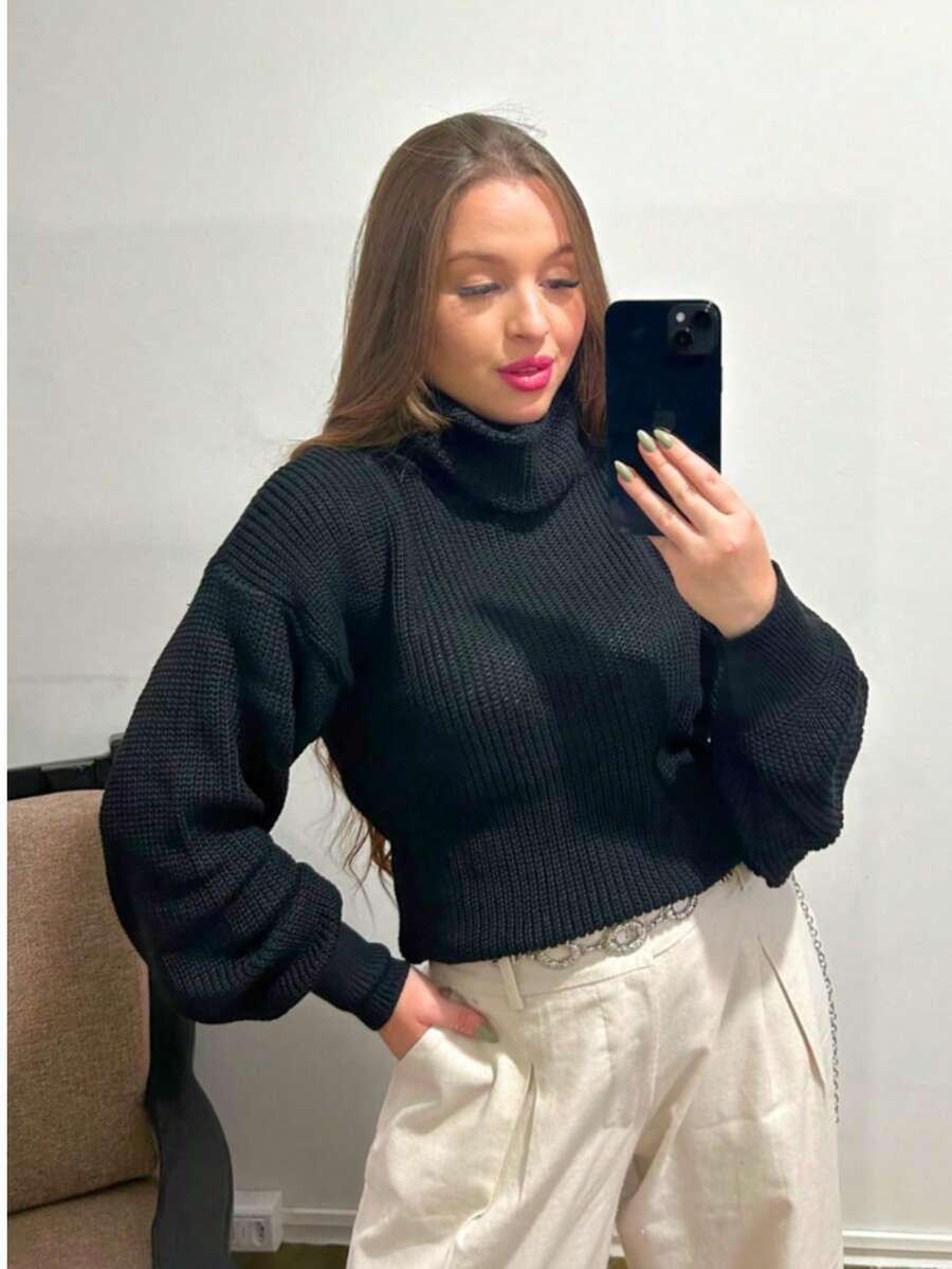 Knitted High Neck Blouse Puffed Sleeve Fang Point Winter - 黑色 - 查看 1