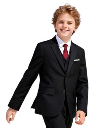 4pcs Tween Boys Suit, Adjustable Waist, Black Suits For Boys