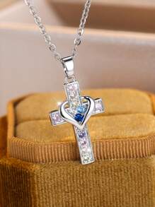 1 Stück elegante & einzigartige Herz- & Kreuz CZ Anhänger Kette, Geschenk für Frauen zu Feiertagen, Geburtstag, Jahrestag, Date