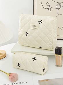 1Pc Bow Embroidered Cosmetic Bag Fashionable Large Capacity Quilted Makeup Bag Sets Travel Cosmetic Bag With Handle Lightweight Fluffy Filling Toiletries Bag For Travel Storage,Daily Use