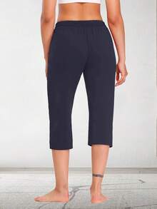 Stretch Lounge Capri Pants For Women Drawstring Waist Multi-Pocket Solid Design Trouser - 藏蓝色 - 查看 4