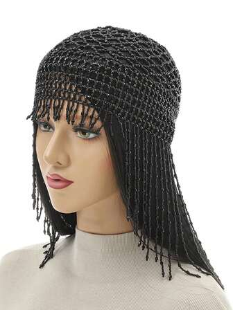 1 件手工钩针镂空装饰帽，带彩色珠子