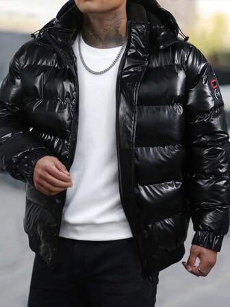 Men's Long Sleeve Winter Casual Warm Hooded Glossy Detachable Cap Padded Coat, Fall