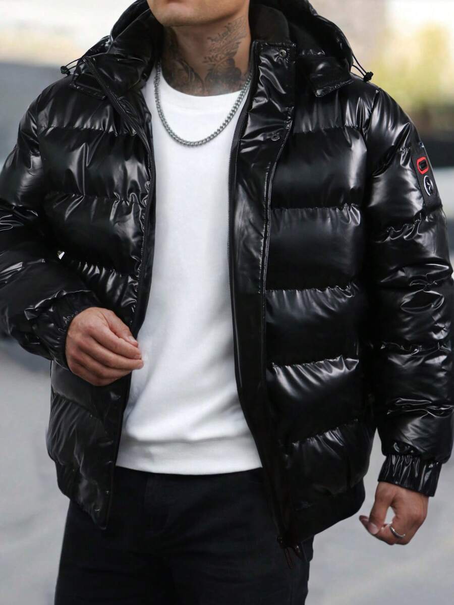 Men's Long Sleeve Winter Casual Warm Hooded Glossy Detachable Cap Padded Coat, Fall - Black - View 1