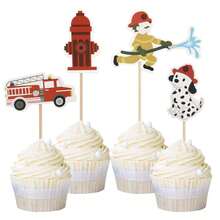 Decorações de toppers de cupcake de bombeiro vermelho brilhante para bolos de festa de aniversário com tema de bombeiro