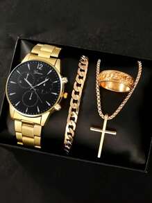 4pcs Luxury Gift Set For Men: Stainless Steel Quartz Watch, Cross Pendant Necklace, Bracelet And Ring, Perfect Business Casual Accessories, Ideal Gift For Him - Suitable For Leisure And Sports