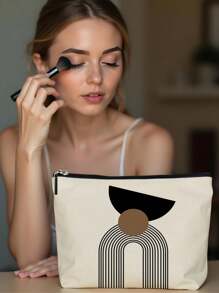 1pc Daily Black & White Geometric Figure Print Linen Cosmetic Bag, Cute Travel Makeup Pouch And Multi-Functional Coin Purse, Lightweight Gift Essential For Women,For Holiday Beach, Bathroom Collection, Bedroom Collection, Large Capacity