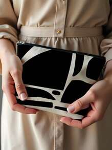 1pc Daily Black & White Geometric Figure Print Linen Cosmetic Bag, Cute Travel Makeup Pouch And Multi-Functional Coin Purse, Lightweight Gift Essential For Women,For Holiday Beach, Bathroom Collection, Bedroom Collection, Large Capacity