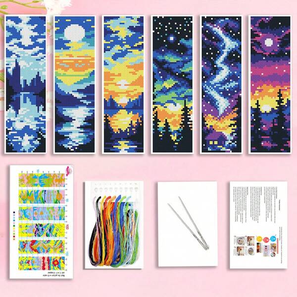 1 Set Embroidery Cross Stitch Kit Containing 6/5/4 Pcs Bookmarks - Time Landscape Recording, DIY Art Set With Various Themed Designs Including Indoor Floral, Four Seasons Scroll, Fantasy Journey, 11CT Middle Grid Three Strands Embroidery Floss, Suitable For Sewing Beginners And Craft Enthusiasts - Cross Stitch Decor, Home Decor Or Gifts
