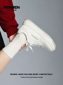 1 par de zapatos cómodos con suela gruesa para mujer de Renben, con cordones frontales de tela blanca, suelas grises, de moda y versátiles, ligeros, que aumentan la altura, zapatillas deportivas casuales de caña baja para exteriores, adecuados para faldas, pantalones, ir y venir, zapatos populares para mujeres en 2025