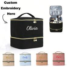 1PC Embroidered Custom Nail Polish Organizer Case Holds 30 Bottles, Double-Layer Nail Polish Storage With Adjustable Dividers, Portable Corduroy Nail Polish Bag For Nail Gel Nail Lamp And Manicure Tools, Customizable Name Embroidery, Personalized Gift For Mom - Multicolor - View 1