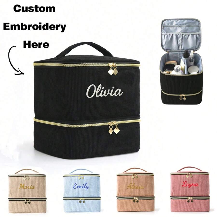 1PC Embroidered Custom Nail Polish Organizer Case Holds 30 Bottles, Double-Layer Nail Polish Storage With Adjustable Dividers, Portable Corduroy Nail Polish Bag For Nail Gel Nail Lamp And Manicure Tools, Customizable Name Embroidery, Personalized Gift For Mom - Multicolor - View 1