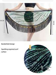 Women's Sequin Belly Dance Hip Scarf, Integrating Latin Flavor. Lace - Up Tassel Hem Wrap Belt Skirt. Hand - Strung Sequin Beads. Showcasing Spicy Dynamism In Stage Performances And Rave Parties, Swaying Gracefully - Multicolor - View 6