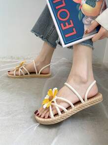 Girls' Roman Sandals, Non-Slip Soft-Sole Hook And Loop Beach Shoes With Four-Leaf Clover Decor, Suitable For Outdoor Wear