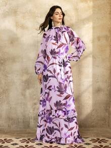 Faeriesty Printing Elegant Chiffon Maxi Dress With Intricate Floral Printed – High Neck Ruffled Sleeves, Adjustable Drawstring Waist & Tiered Ruffle Hem For Garden Parties, Art Exhibitions & Boho Chic Travel Outings,Vacation Essentials - Baby Pink - View 5