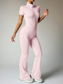 女士瑜伽运动套装：短袖拉链外套和高腰喇叭裤 - 吸湿排汗，四向弹力，适合瑜伽、普拉提、健身房锻炼（多种颜色/尺码可选） - 粉色 - 查看 6