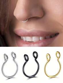 1/3/5Pcs Women's Fake Septum Nose Ring Stainless Steel Hoop Faux Lip Ear Nose Septum Ring Punk Non Piercing Clip On Nose Hoop Ring Body Piercing Jewelry Gift - Multicolor - View 6