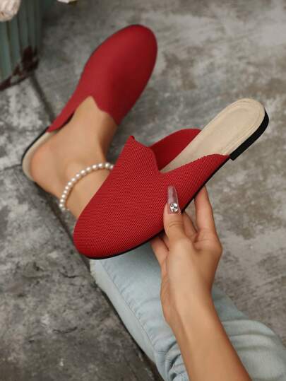 Damen Runde Spitze Slip-On Gestrickt Atmungsaktiv Einfarbig Lässig Mode Flach Mule Slides