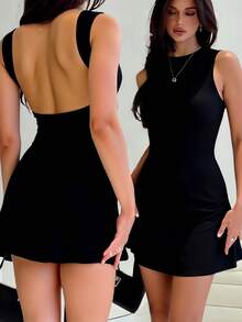 Vestido casual de mujer de un solo color, de corte delgado y sin mangas, primavera - Negro - Ver 7