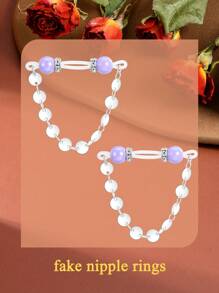1Pair Fake Nipple Rings - Adjustable Fit Daily Wear Nipple Nooses - 8mm Candy Beads, Fake Nipple Jewelry Faux Nipple Piercing Non Pierce Faux Barbells, Fake Nipple Piercings, Valentine For Lovers