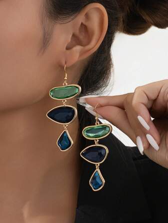 2pcs Vintage Geometric Asymmetrical Resin Dangling Earrings, Luxury And Elegant Bohemian Style Oversized Long Earrings, Versatile For Daily, Holidays And Vacation