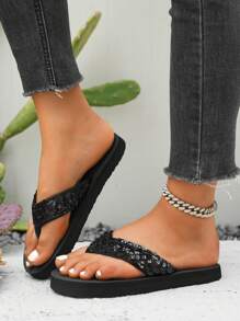 Tongs avec décorations de sequins pour femmes, tongs noires brillantes haut de gamme, sandales plates convenant pour les voyages et la plage