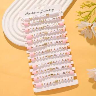 12 Pcs Set Of Single Party Bride Bridesmaid Letter Multi-Layered Stacked Love Elastic Soft Pottery Bracelet Set Fashionable Women's Bracelets For Weddings, Engagements, Banquets And Dances, Gift-Wearing