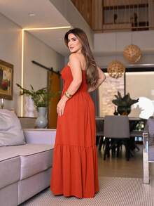 Women Sleeveless Beach Vacation Dress, Women Summer Long Dress, Luxury Spaghetti Strap Summer Maxi Dress For Vacation, Women Simple Casual Elegant Cute Fabric Ruffle Hem Knot Ruched Beach Evening Holiday Wedding Home Birthday Party Daily Baby Shower Babymoon Garden Formal & Evening Photoshoot Street Travel Bachelorette Party - 鏽棕色 - 查看 3