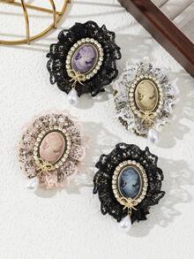 1pc Elegant Floral Fabric Handmade Embossed Portrait Rhinestone Studded Academic Style Brooch Pin, Luxury Jewelry Brooch Gift For Women, Suitable For Daily Wear