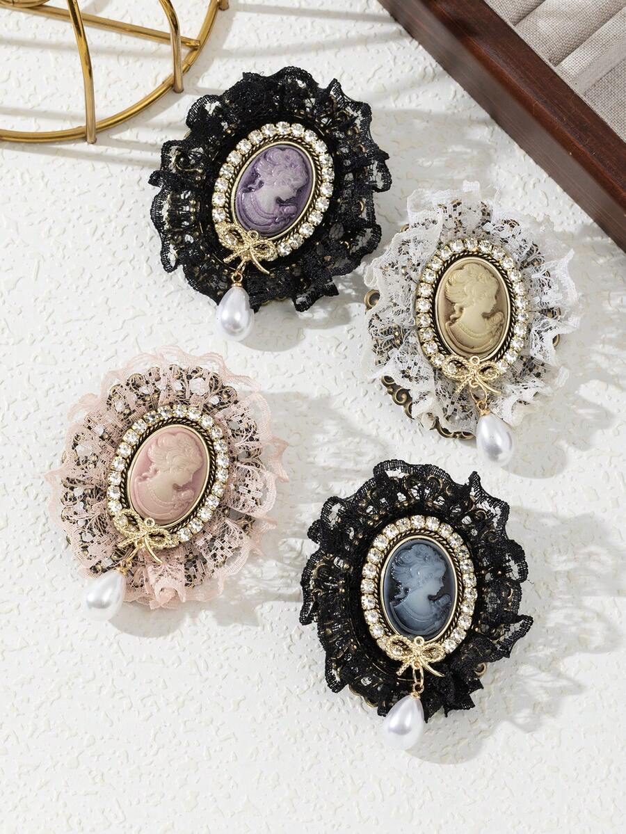 1pc Elegant Floral Fabric Handmade Embossed Portrait Rhinestone Studded Academic Style Brooch Pin, Luxury Jewelry Brooch Gift For Women, Suitable For Daily Wear