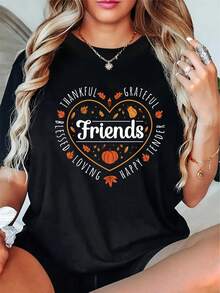 Thankful Friends Thanksgiving Friendsgiving T-Shirt Print Women's T-Shirt, Round Crew Neck Short Sleeve T-Shirt, All-Season Comfort Top T-Shirt, Women's Fun Graphic T-Shirts, Best For Holiday Casual Outfits - Black - View 1