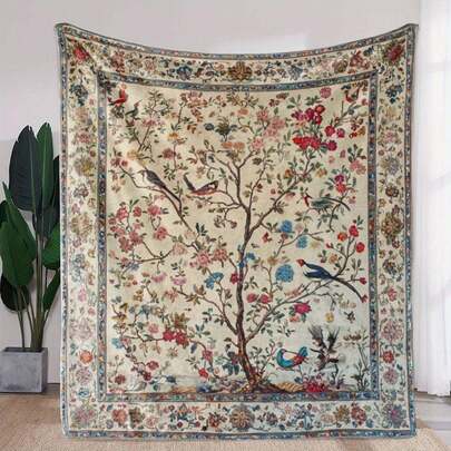 复古花卉和鸟类印花法兰绒毯 | 100% 涤纶 | 多色、四季舒适盖毯，适合沙发、床、汽车、办公室和旅行 | 舒适的针织设计，带有充满活力的树木图案 | 家居装饰的理想礼物