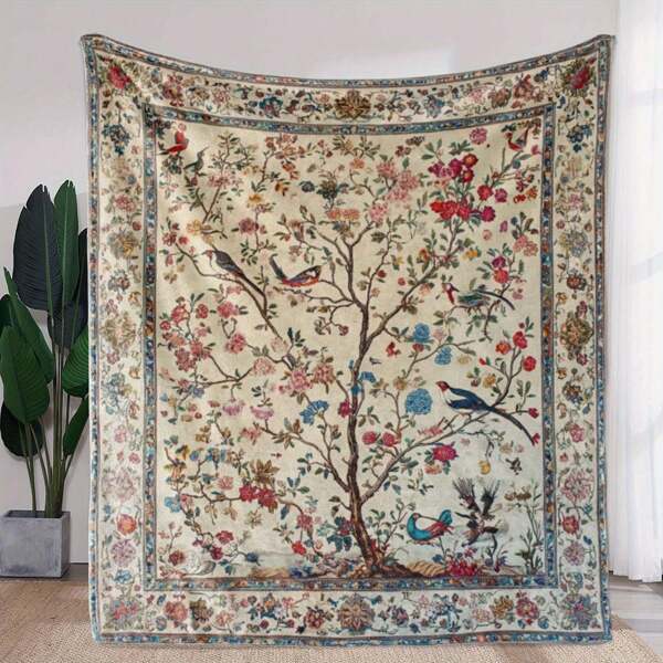 Vintage Floral And Bird Print Flannel Blanket | 100% Polyester | Multi-Color, All-Season Comfort Throw For Sofa, Bed, Car, Office & Travel | Cozy Knitted Design With Vibrant Tree Motif | Ideal Gift For Home Decor
