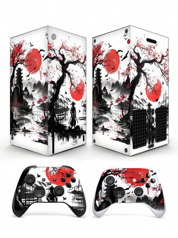 1 Set Of 5pcs Compatible With Xbox X Series Console And Controller Vinyl Skin Set - Durable, Scratch-Resistant, Waterproof, Dustproof - Oriental Wuxia Ink Painting Style Decal Stickers, 6.81*12.32inch
