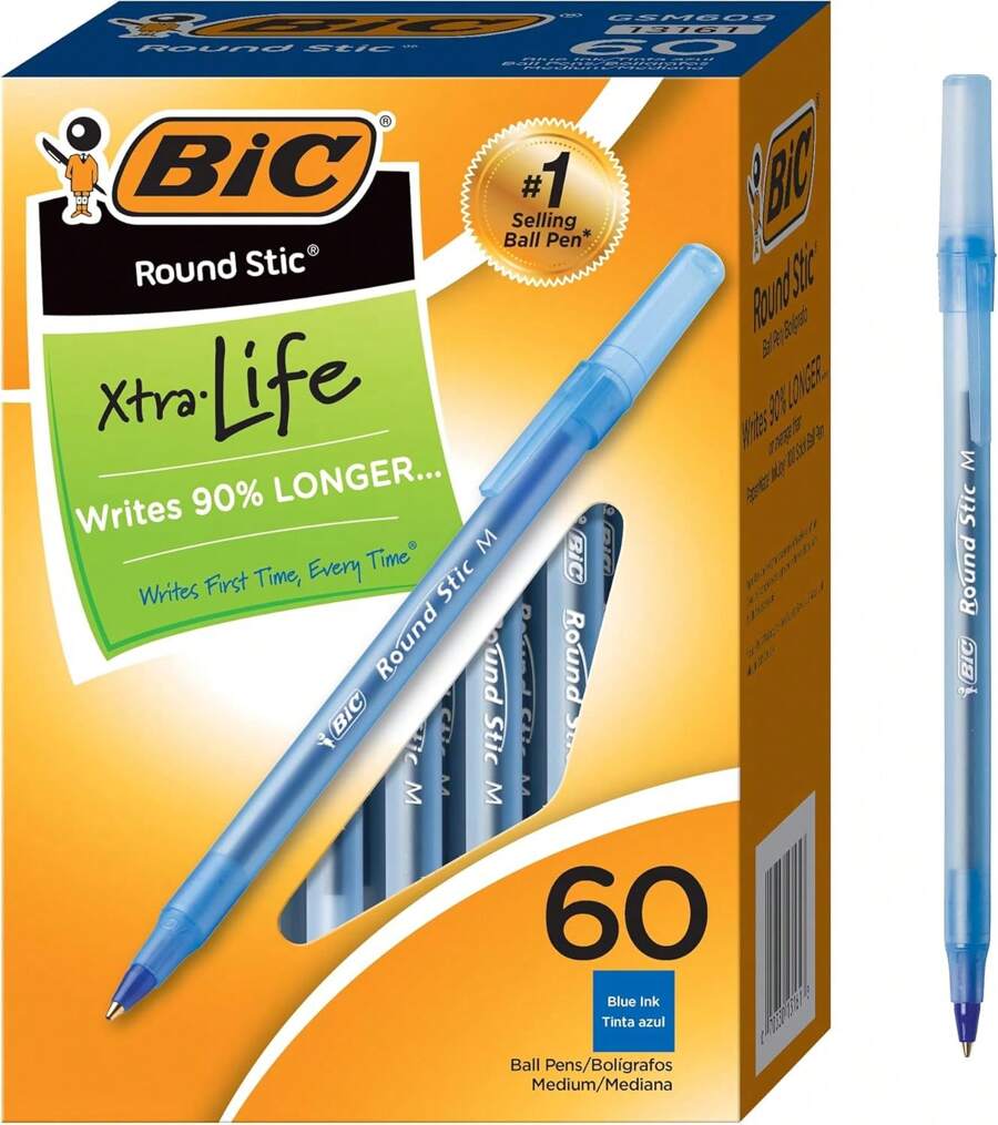 Round Stic Xtra Life Ballpoint Pens, Medium Point (1.0mm), Blue, Flexible Round Writing Comfort, 60-Count