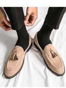 Men's Versatile Business Formal Shoes, Solid Color Casual Slip-On Loafers With Tassels