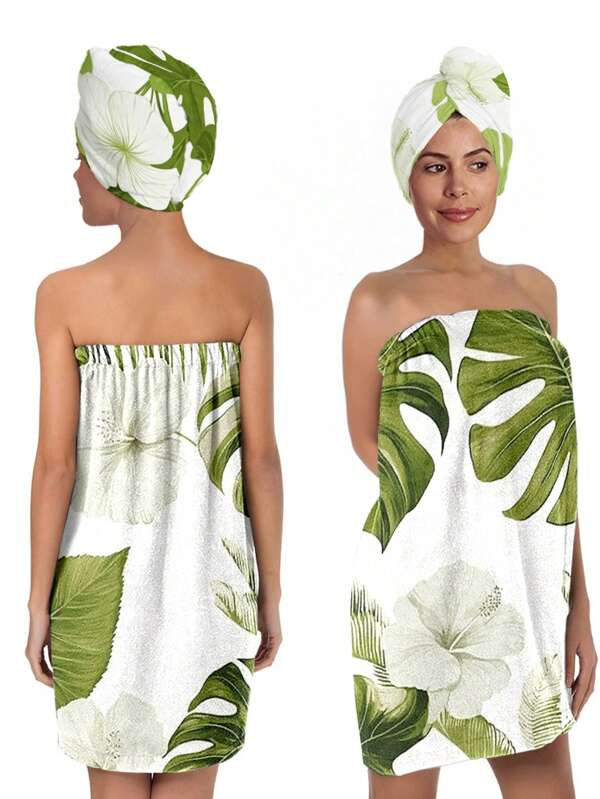 2pcs/Set Women's Bath Skirt And Shower Cap Set Turtle Dorsal Leaf Print Super Soft Adjustable Ladies' Bathrobe - Multifunctional Wearable Towel Dress, Suitable For Shower, Spa, Sauna And Beach - Multiple Colors Available Summer Wedding Home Bathroom Decor Back To School